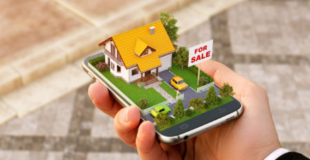 Smartphone application for online searching, buying, selling and booking real estate. Unusual 3D illustration of beautiful house on smart phone in hand Smartphone application for online searching, buying, selling and booking real estate. Unusual 3D illustration of beautiful house on smart phone in hand